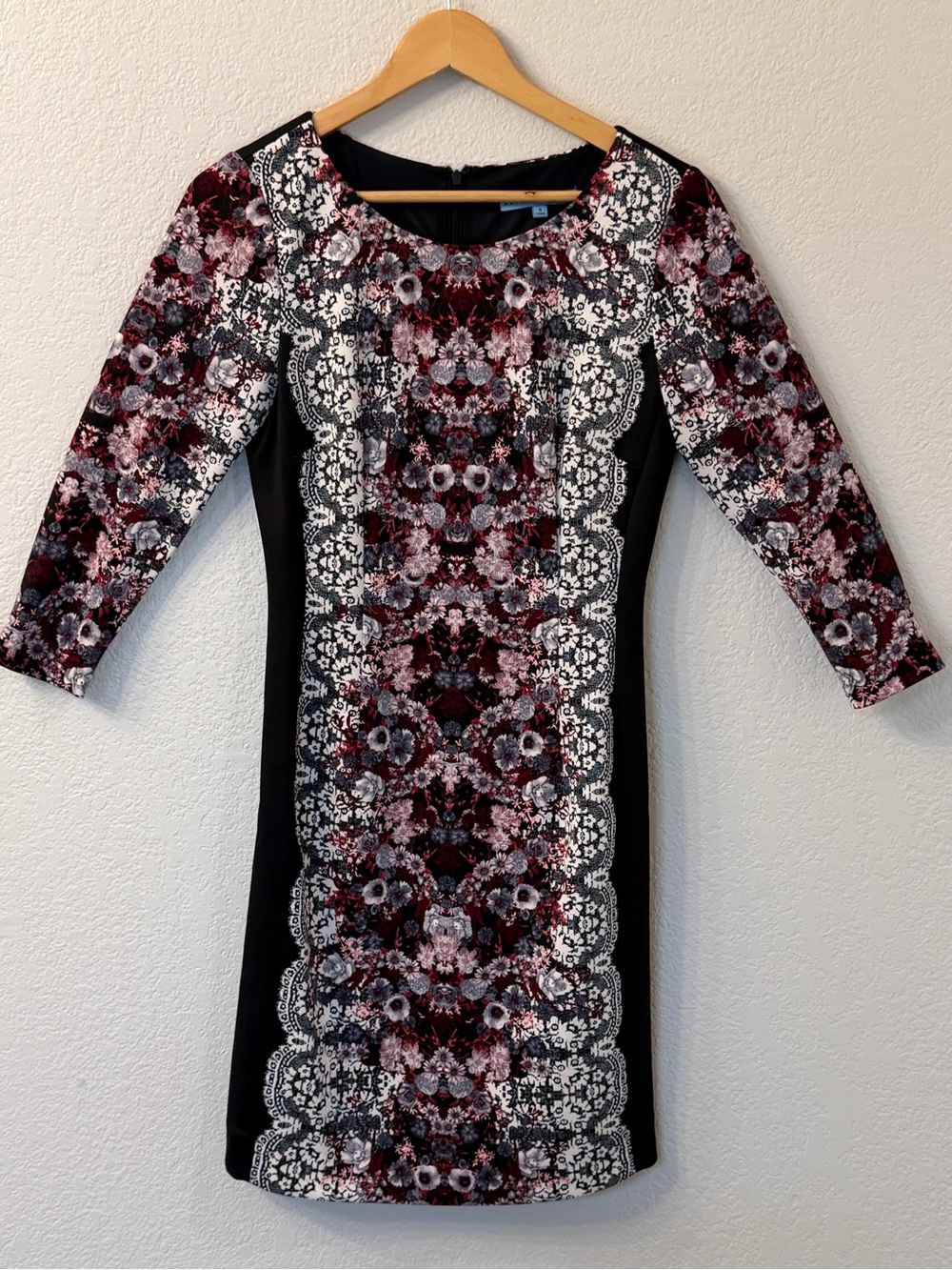 ANTONIO MELANI Black Sheath Dress with Burgundy and White Floral Panel